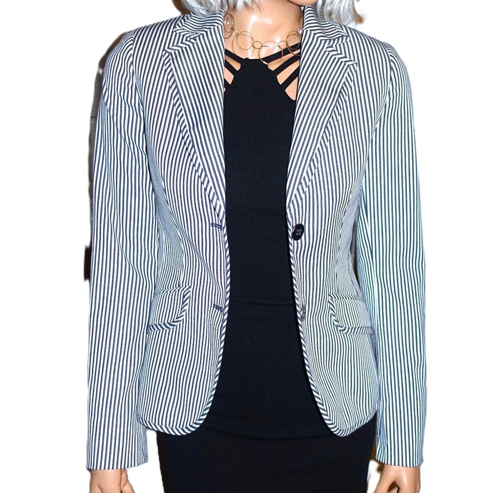 MNG Suit Navy Blue White Striped Jacket 2